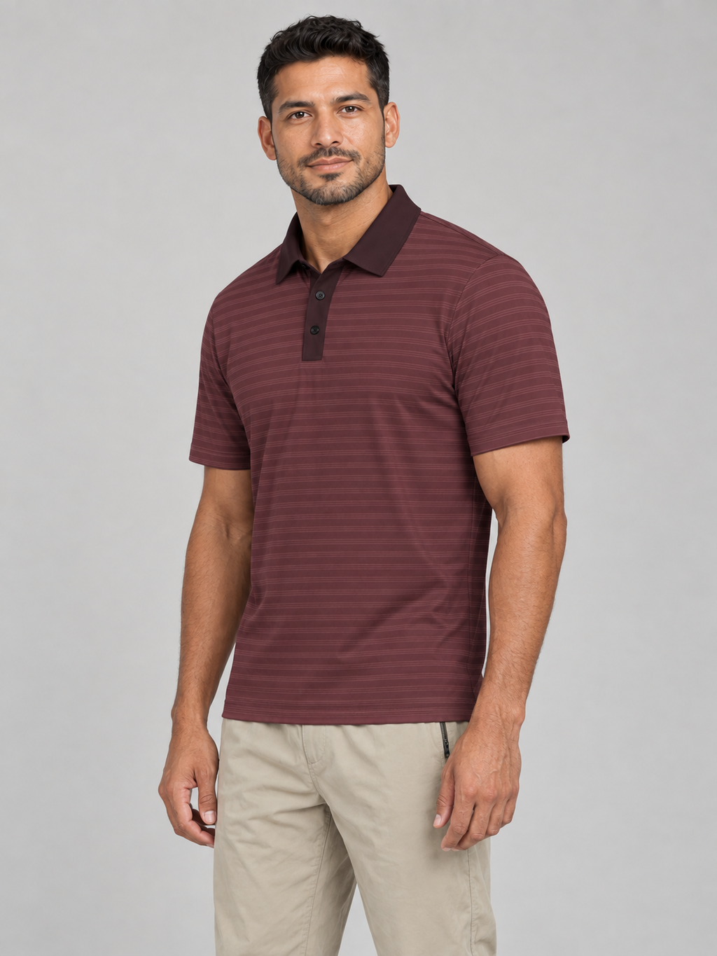 Classic Maroon Polo Shirt – Striped All-Over Print Casual Golf Tee