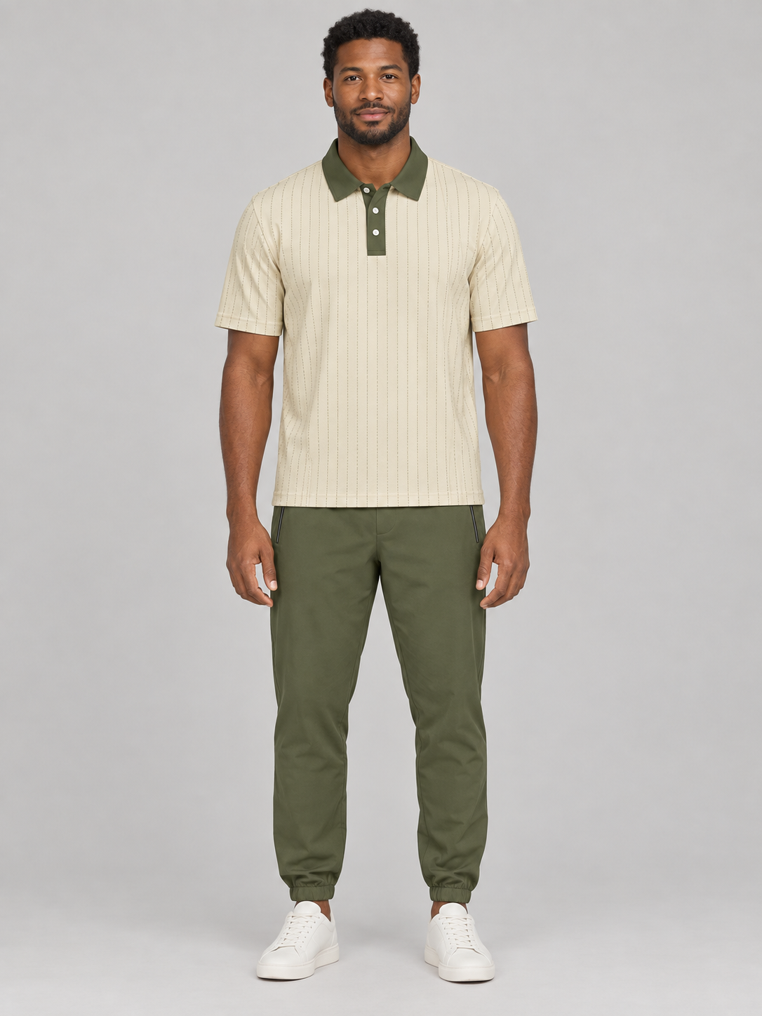Beige Pinstripe Polo Shirt — Classic Casual Golf Polo