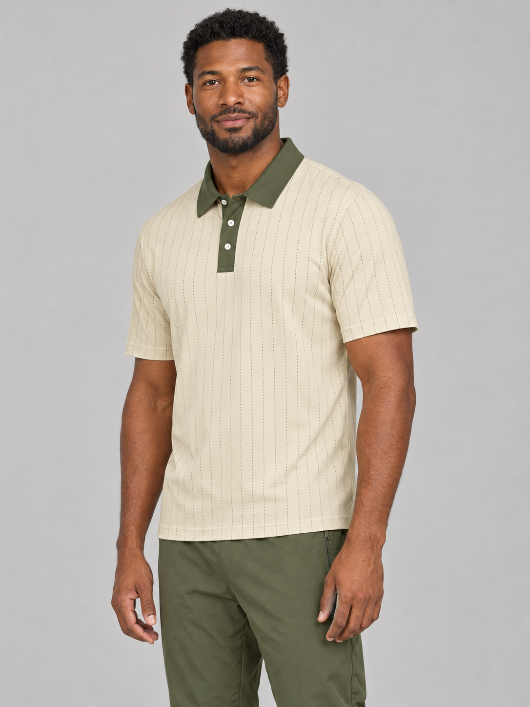 Beige Pinstripe Polo Shirt — Classic Casual Golf Polo
