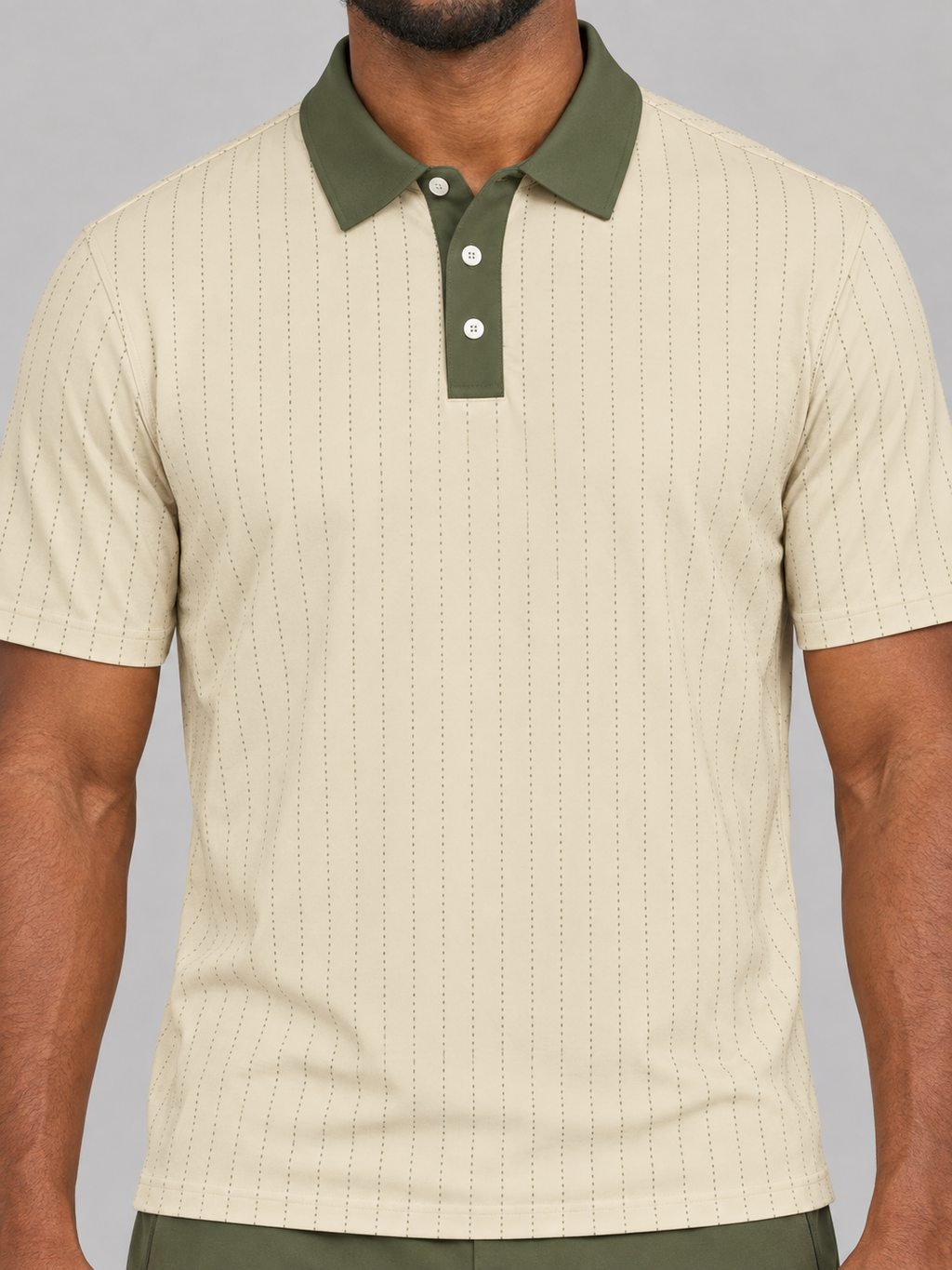 Beige Pinstripe Polo Shirt — Classic Casual Golf Polo