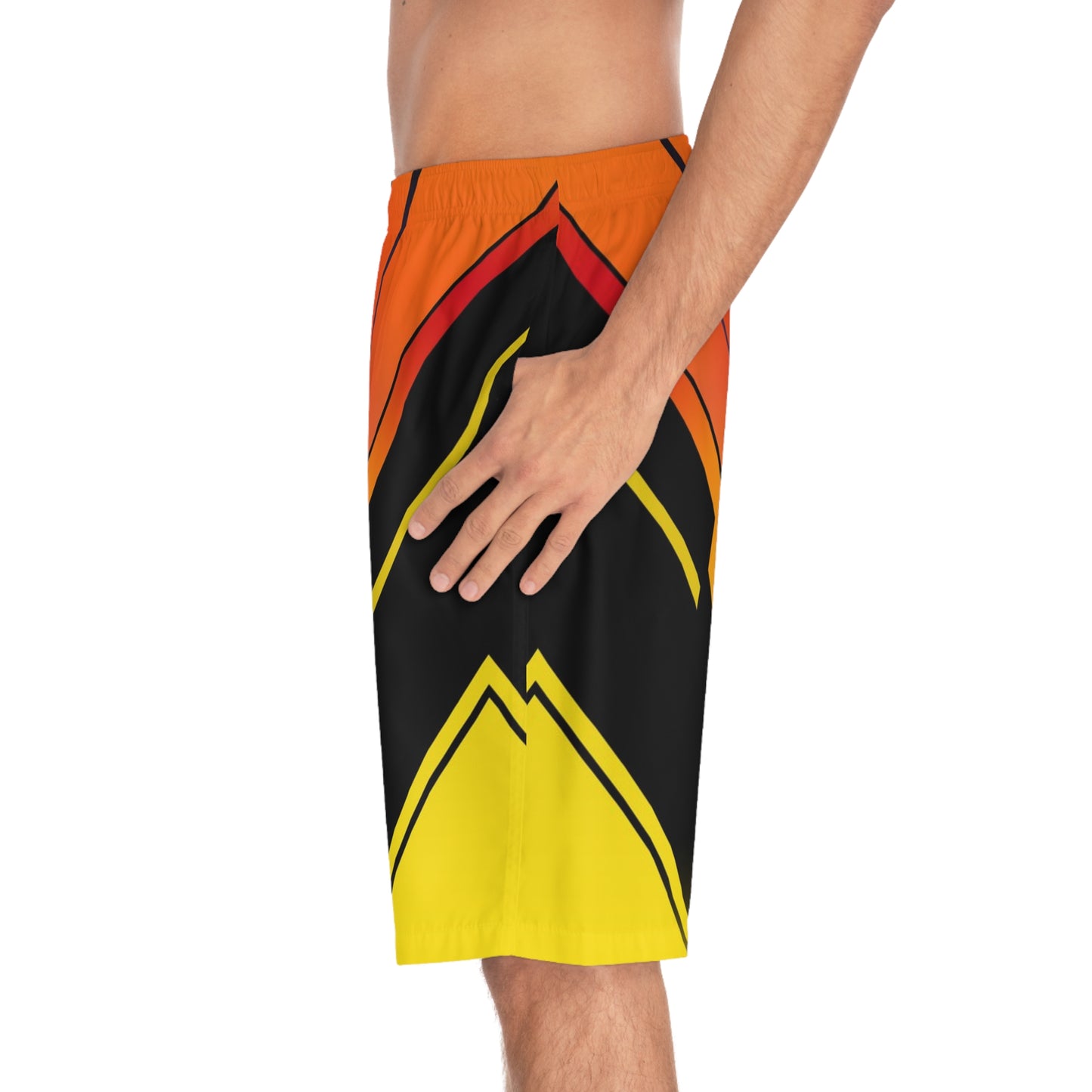 Men's Board Shorts – Bold Gradient Surf Trunks with Orange & Yellow Chevron Accent