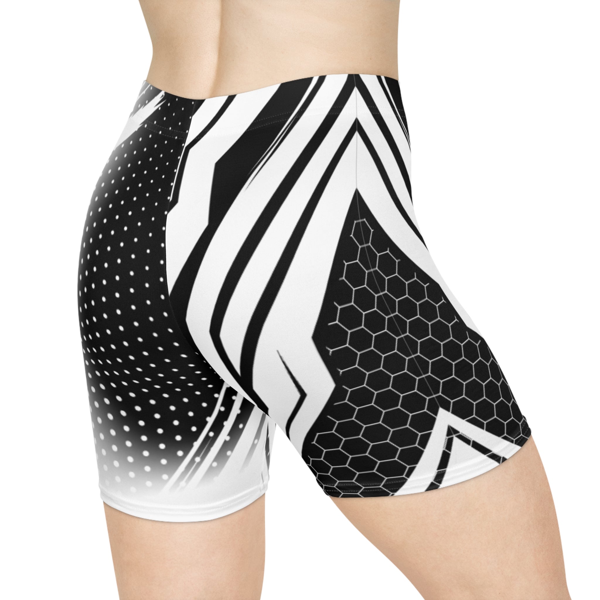 Black & White Geometric Biker Shorts — Abstract Stripes & Honeycomb Activewear