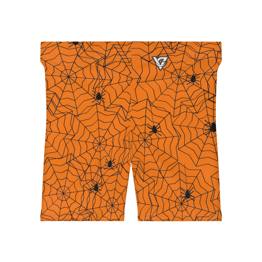 Halloween Pumpkin Orange Spiderweb Women's Biker Shorts — High-Waist Workout Shorts