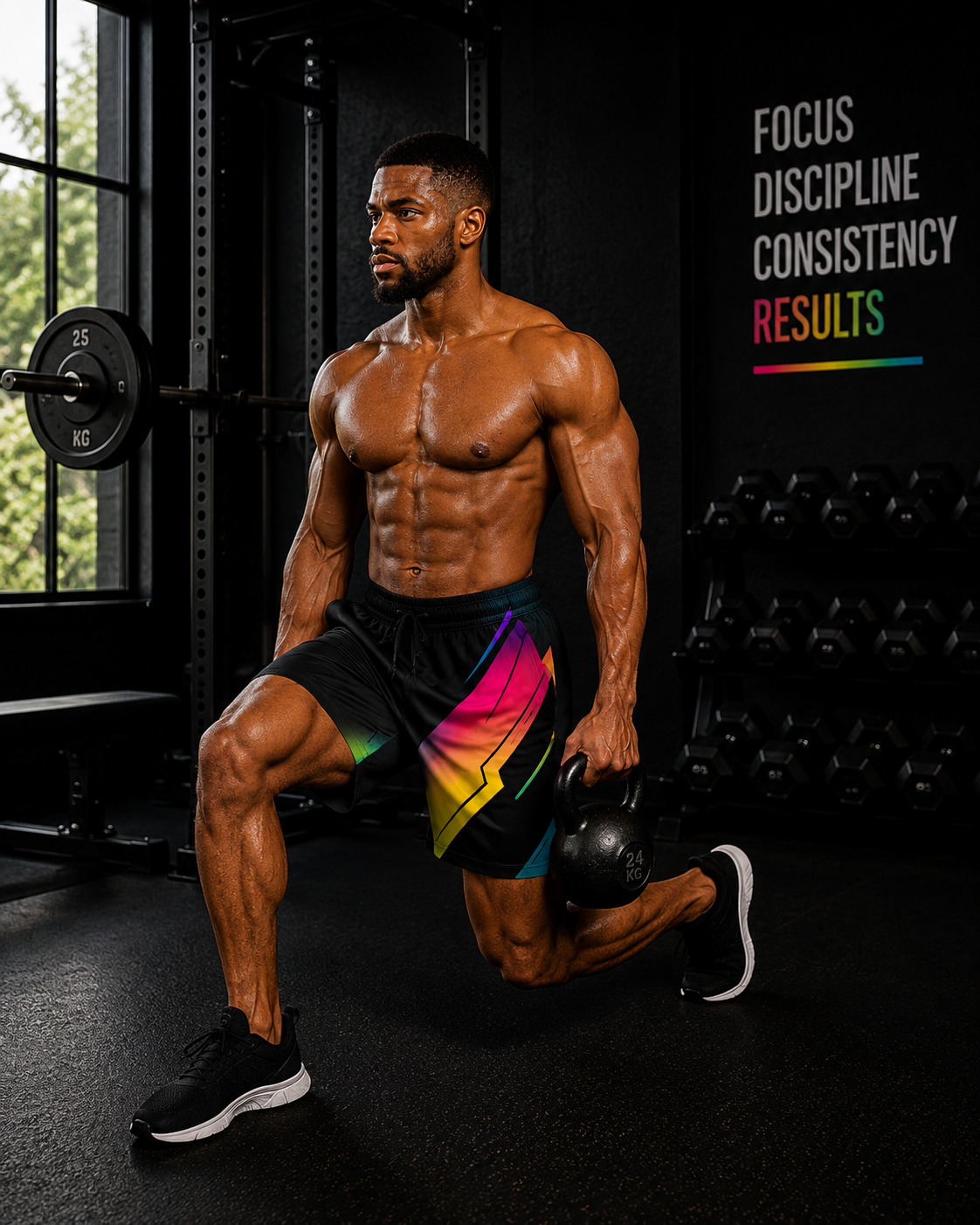 Men's Neon Gradient Black Geometric Jogger Athletic Shorts with Pockets