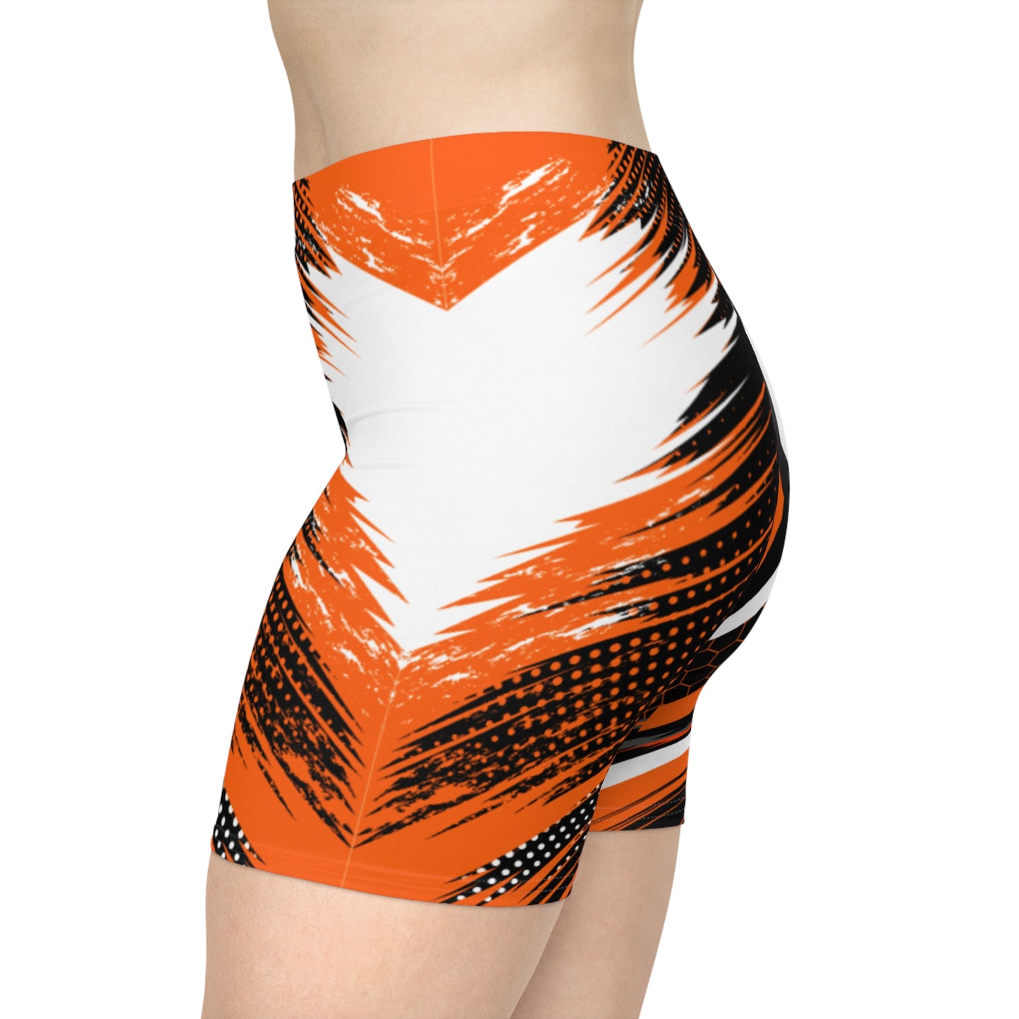 Women Blaze Angular Biker Shorts | Orange & Black Geometric Activewear