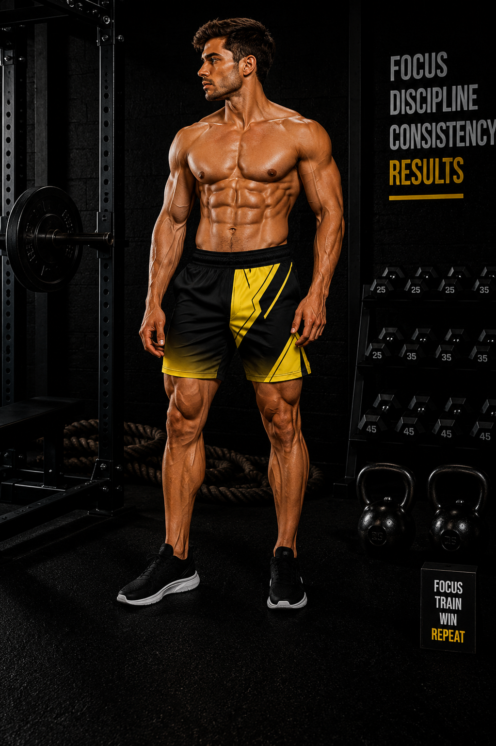 Men's Yellow & Black Geometric Swim Shorts — Bold Chevron Mid-Length Trunks