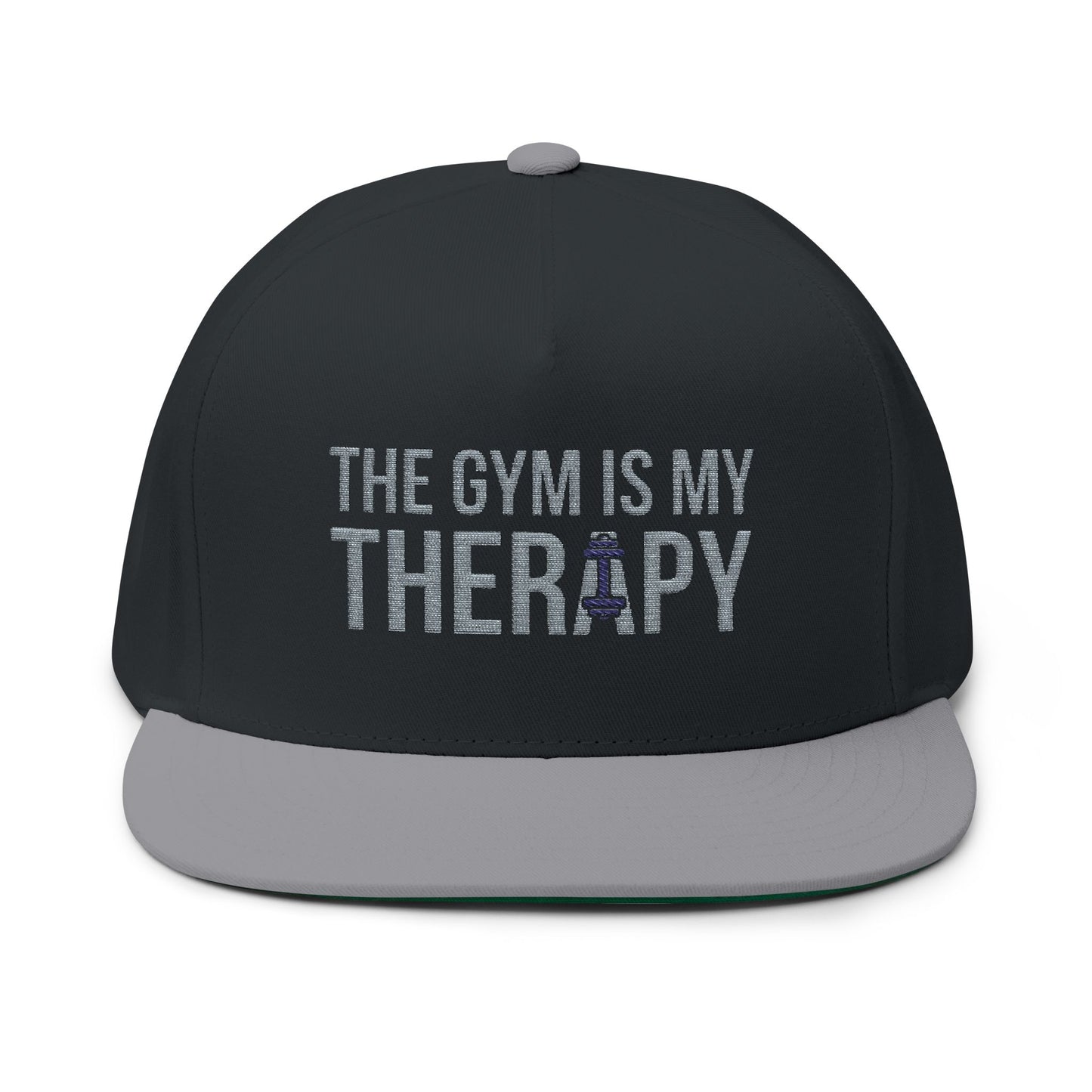 Flat Bill Cap — "The Gym Is My Therapy" Embroidered Fitness Hat