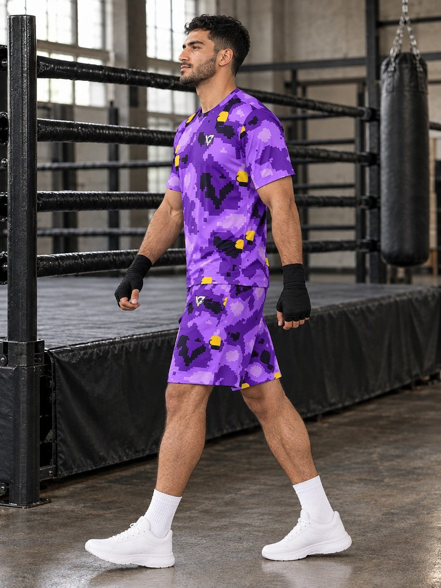 Combat Sports Ultra Grape Pixel Camo Men's Athletic Shorts with Pockets - side view