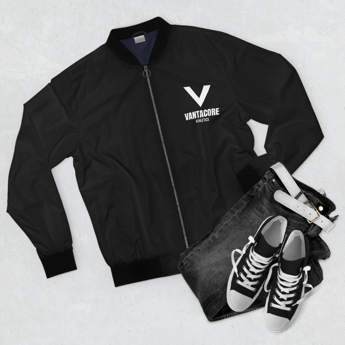 Men's Vantacore Athletics Logo Bomber Jacket – Black Minimal Gym Jacket
