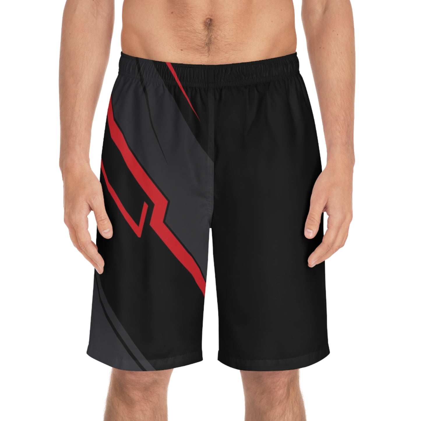 Men's Black & Red Tech Board Shorts — Geometric Athletic Swim Trunks