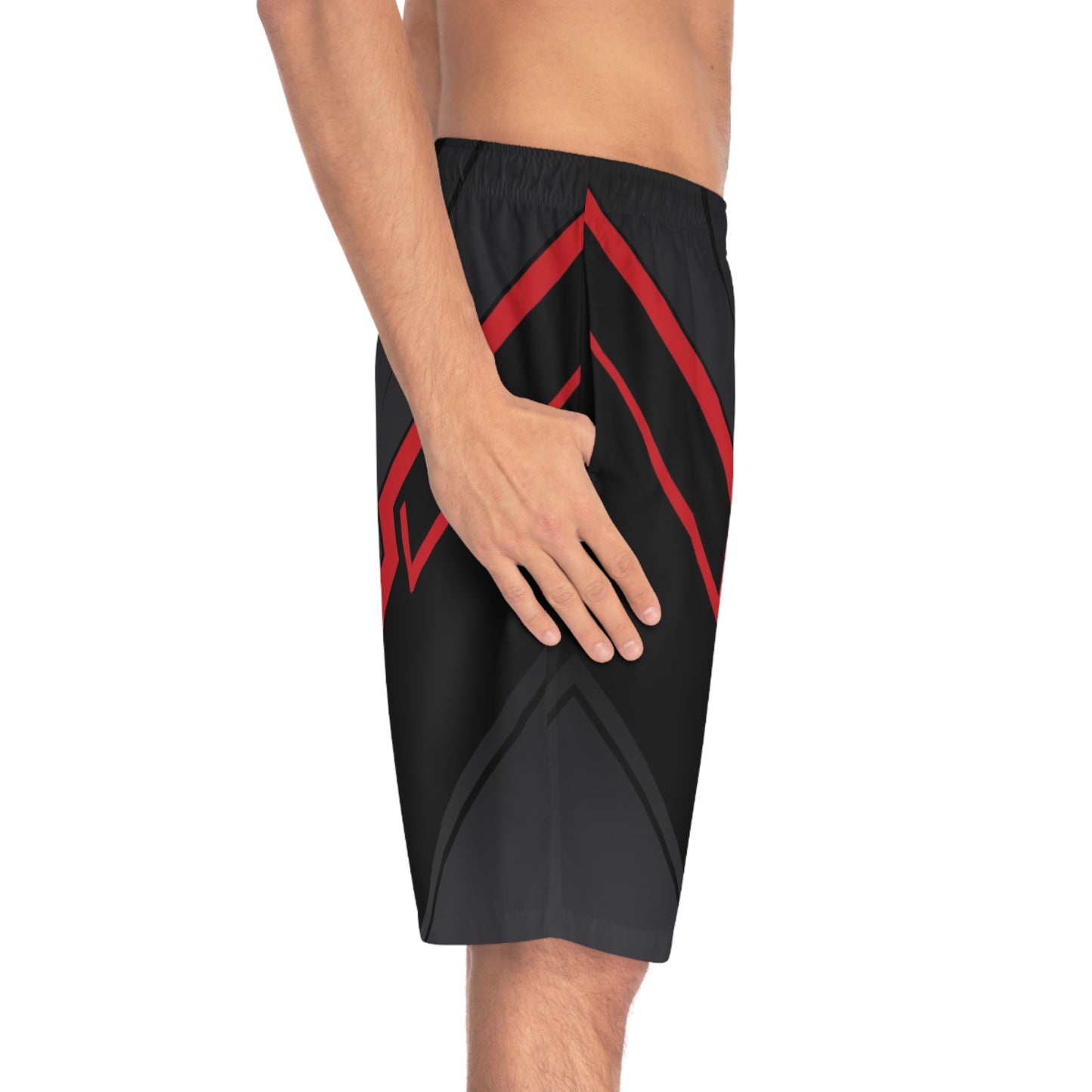 Men's Black & Red Tech Board Shorts — Geometric Athletic Swim Trunks