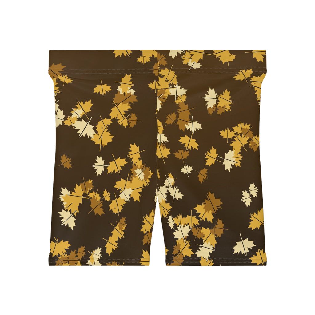 Harvest Gold Falling Leaves Women's Biker Shorts — High-Waist Workout Shorts