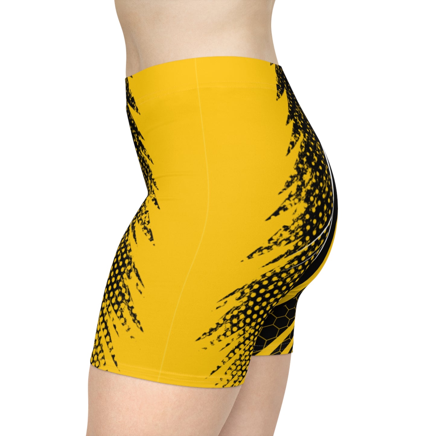 Honeycomb Strike Biker Shorts - Yellow & Black Geometric Activewear