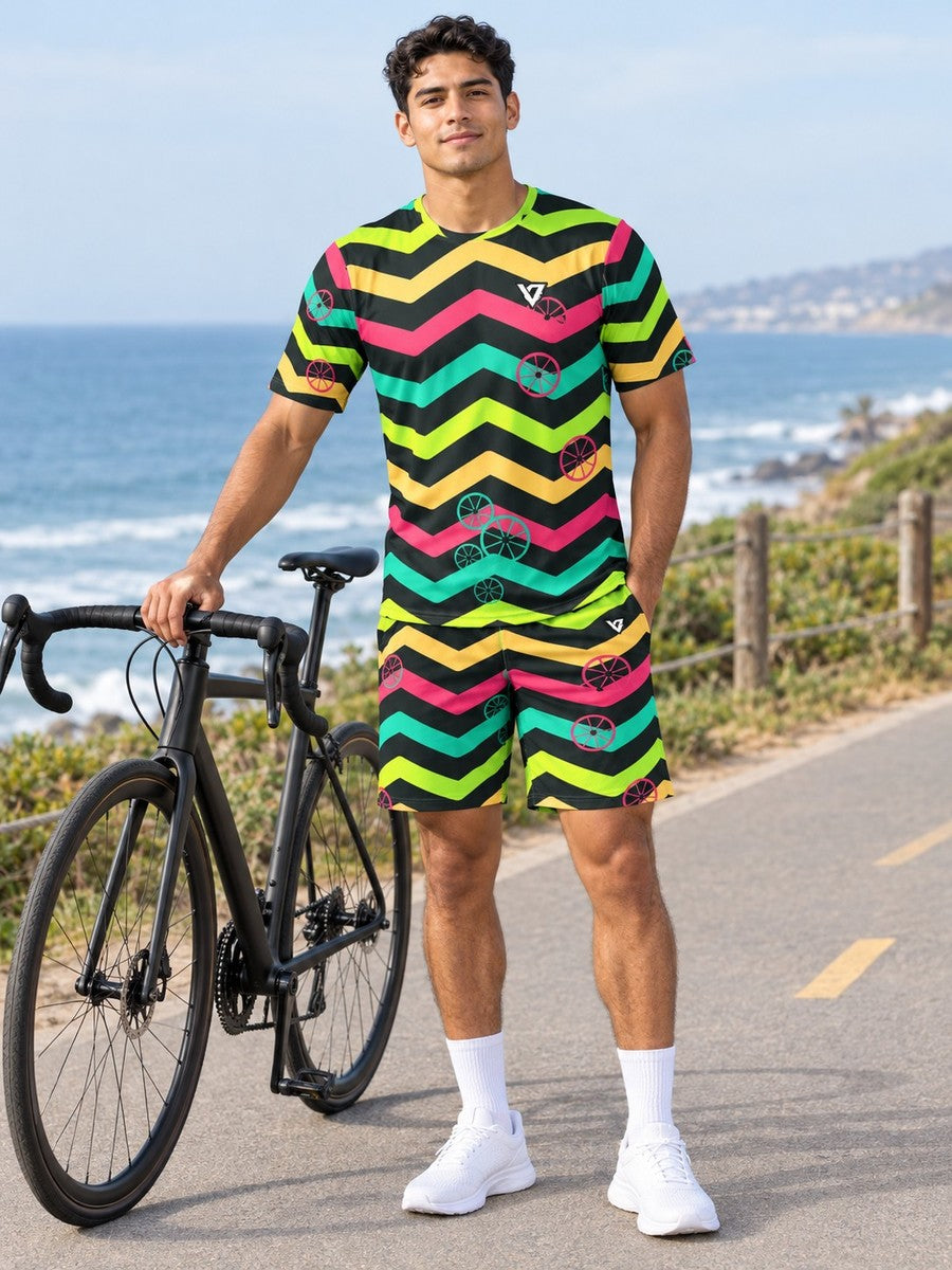 Cycling Emerald Zest Chevron Rush Men's Athletic Shorts with Pockets - front view