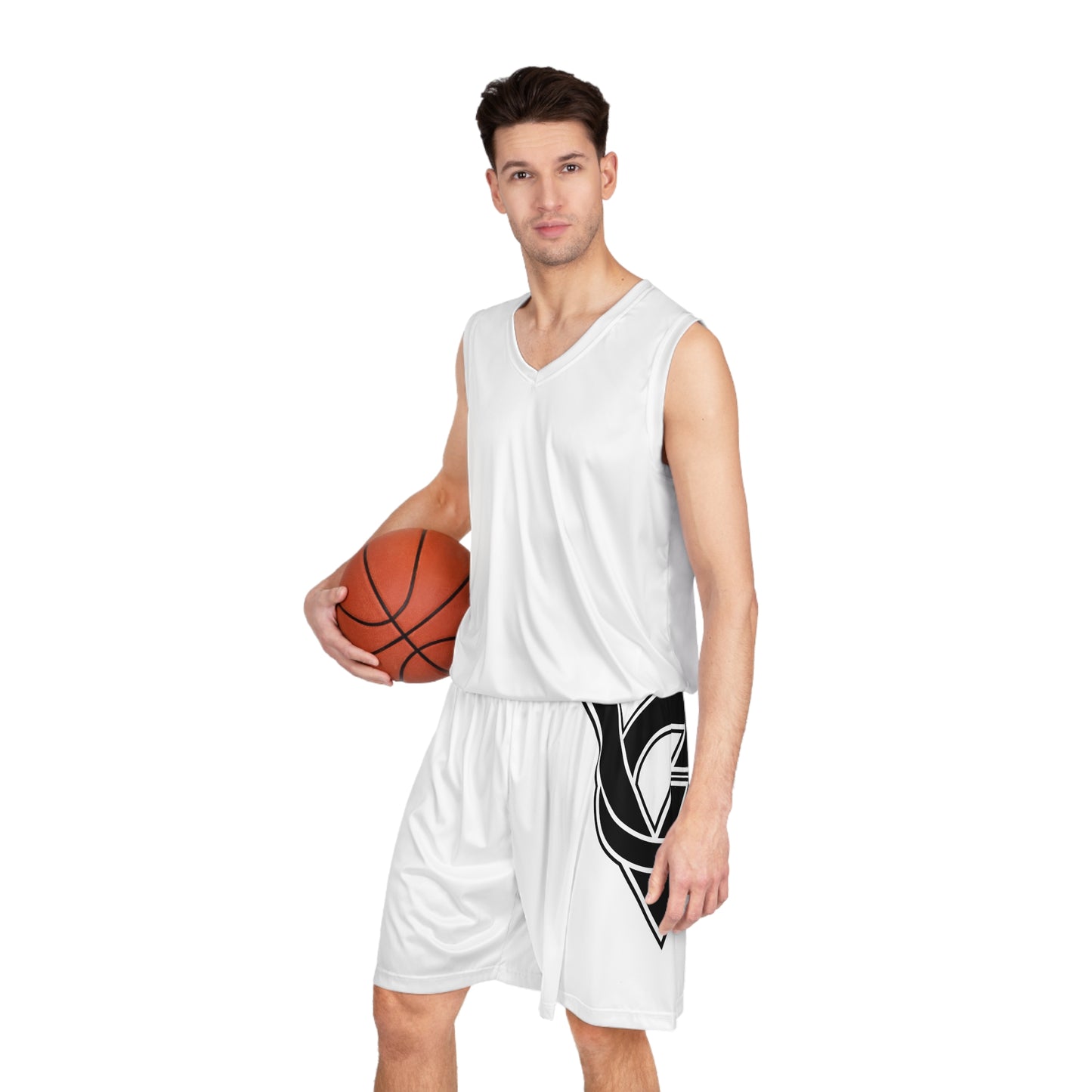 White Basketball Shorts with Bold Black Side Logo — Athletic Teamwear
