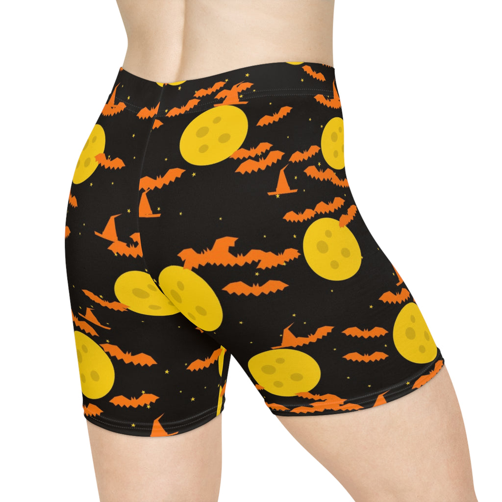 Halloween Candy Corn Haunted Moon Women's Biker Shorts — High-Waist Workout Shorts