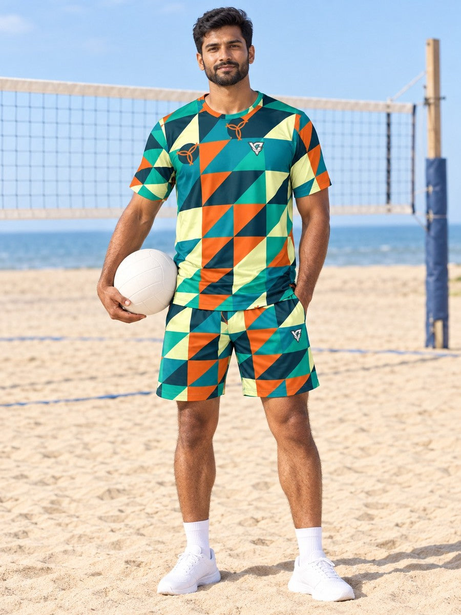 Volleyball Peacock Prism Block Men's Athletic Shorts with Pockets - front view