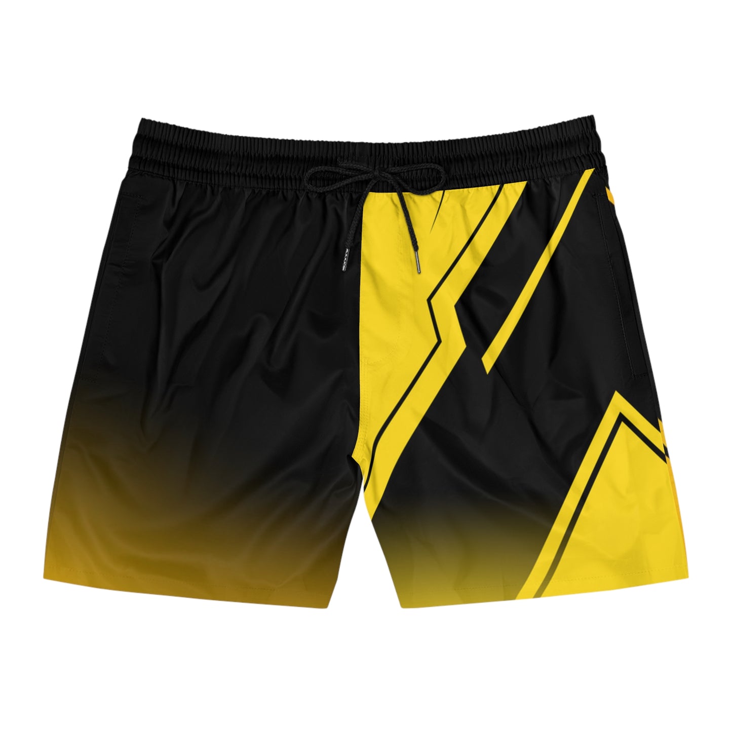 Men's Yellow & Black Geometric Swim Shorts — Bold Chevron Mid-Length Trunks