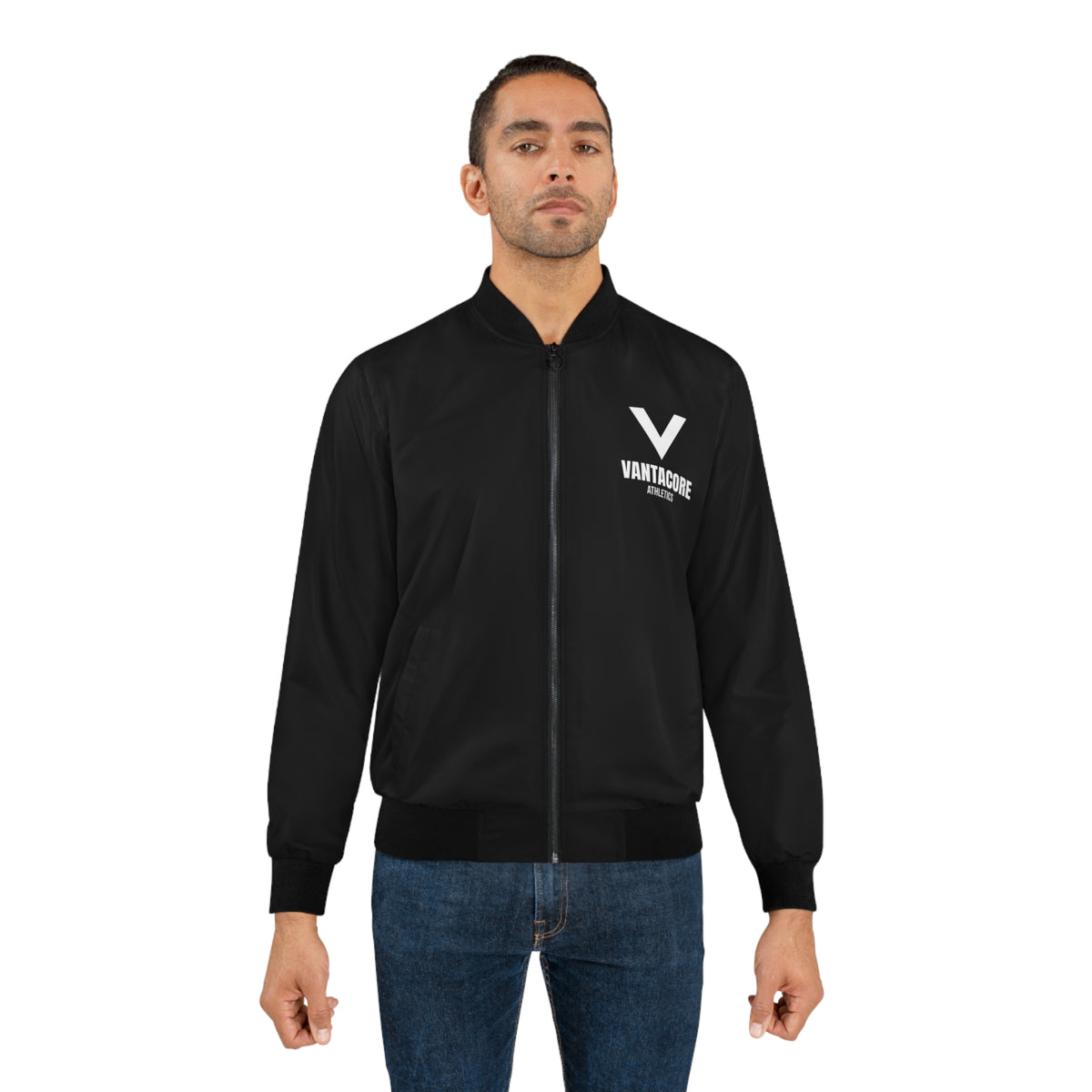 Men's Vantacore Athletics Logo Bomber Jacket – Black Minimal Gym Jacket
