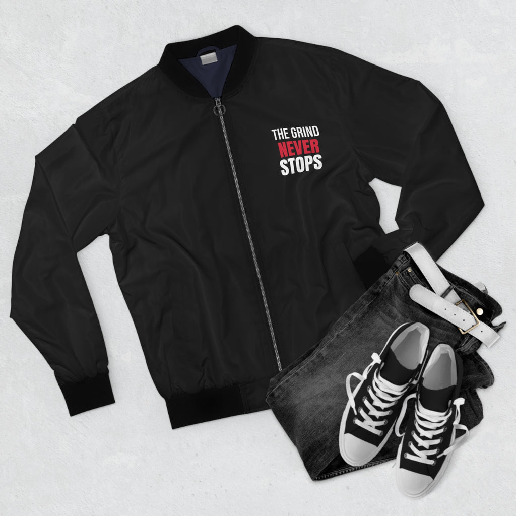 Men's The Grind Never Stops Bomber Jacket – Black Motivational Gym Jacket