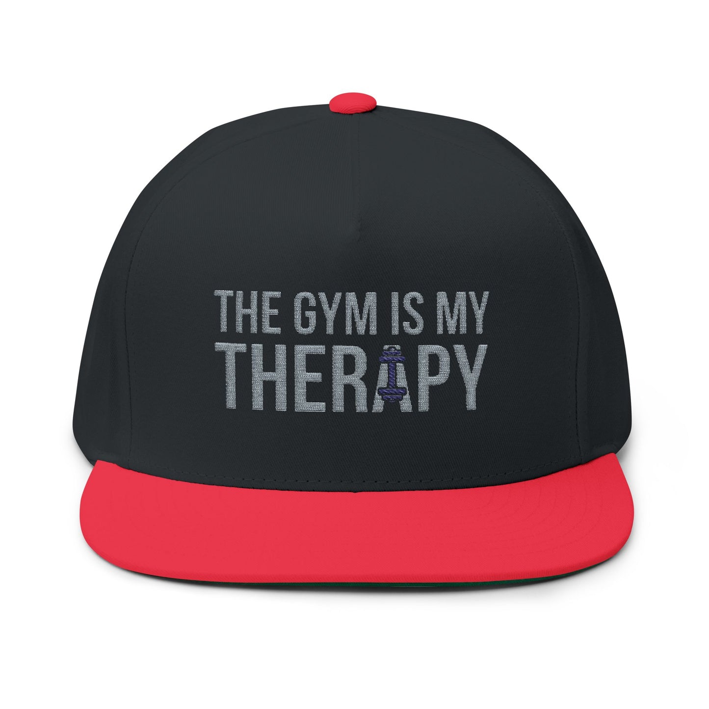 Flat Bill Cap — "The Gym Is My Therapy" Embroidered Fitness Hat