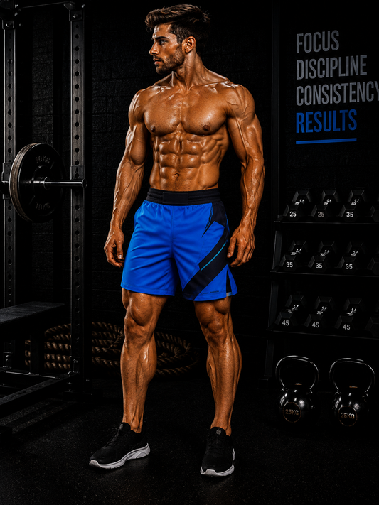 Men's Royal Blue Abstract Geometric Jogger Athletic Shorts – No Pockets