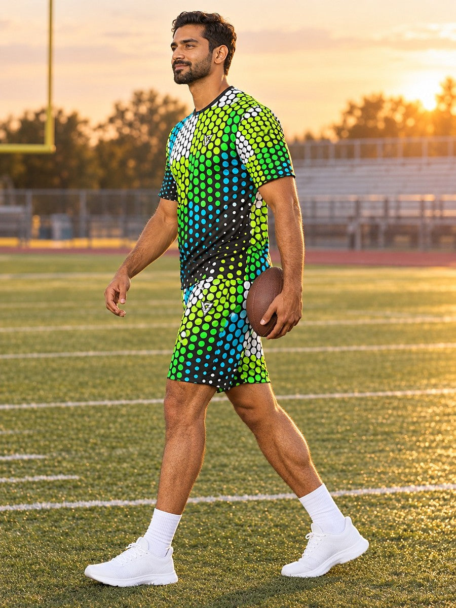 Football Lime Riot Halftone Pulse Men's Athletic Shorts with Pockets - side view