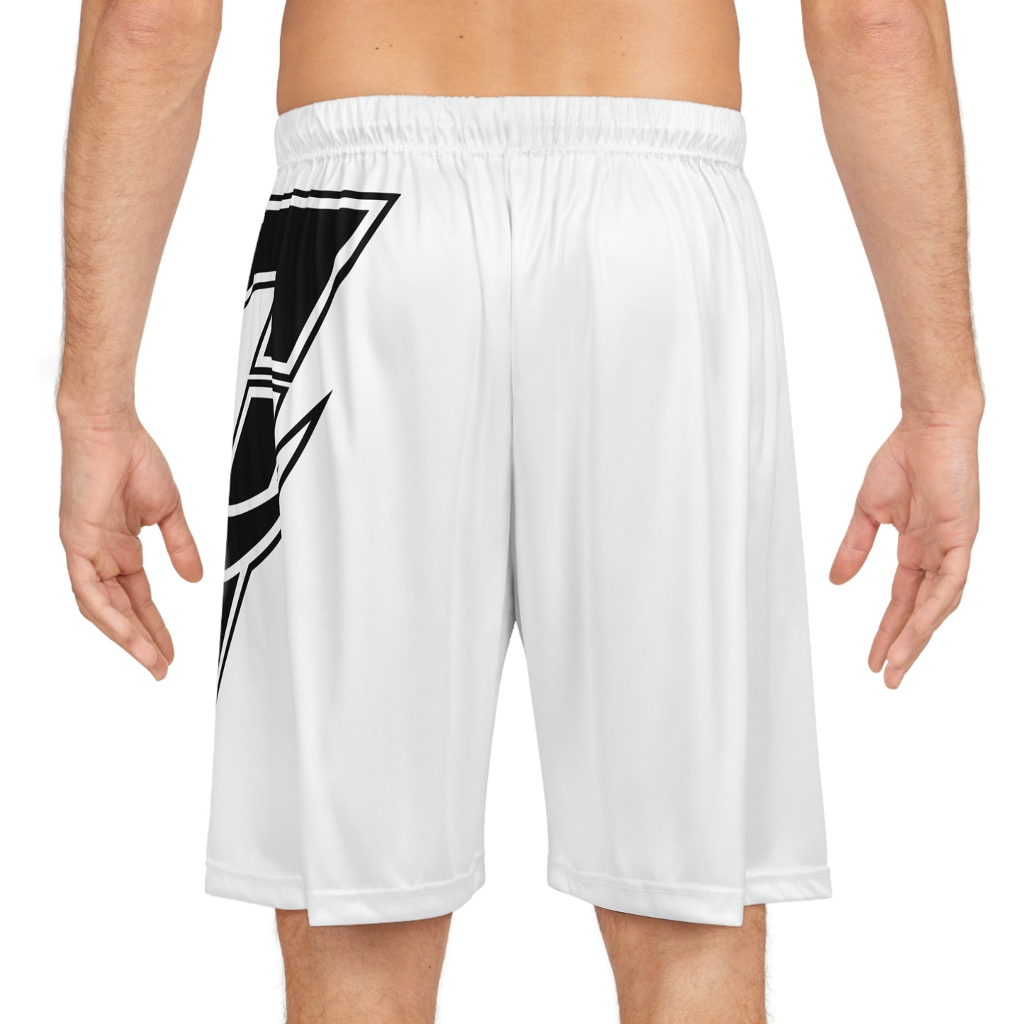 White Basketball Shorts with Bold Black Side Logo — Athletic Teamwear