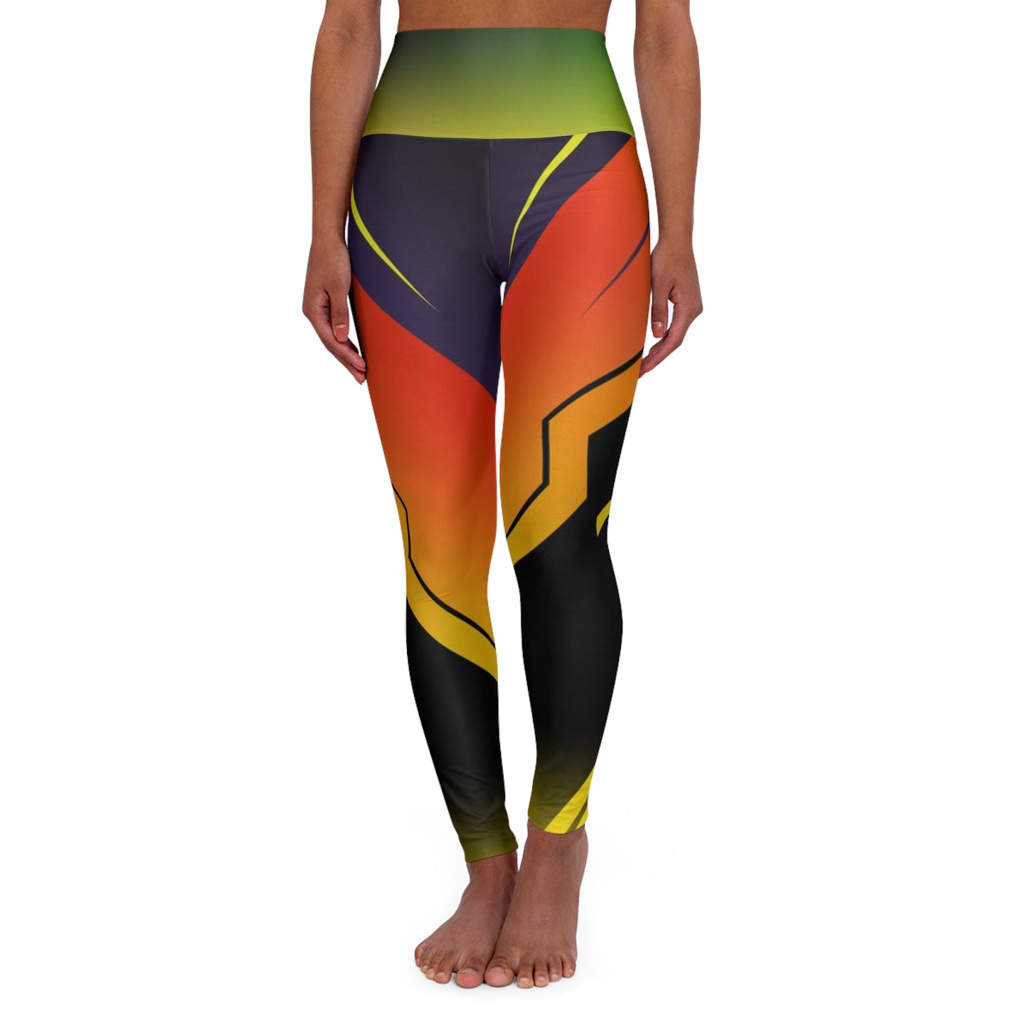 High-Waisted Abstract Flame Yoga Leggings - Vibrant Orange & Black AOP