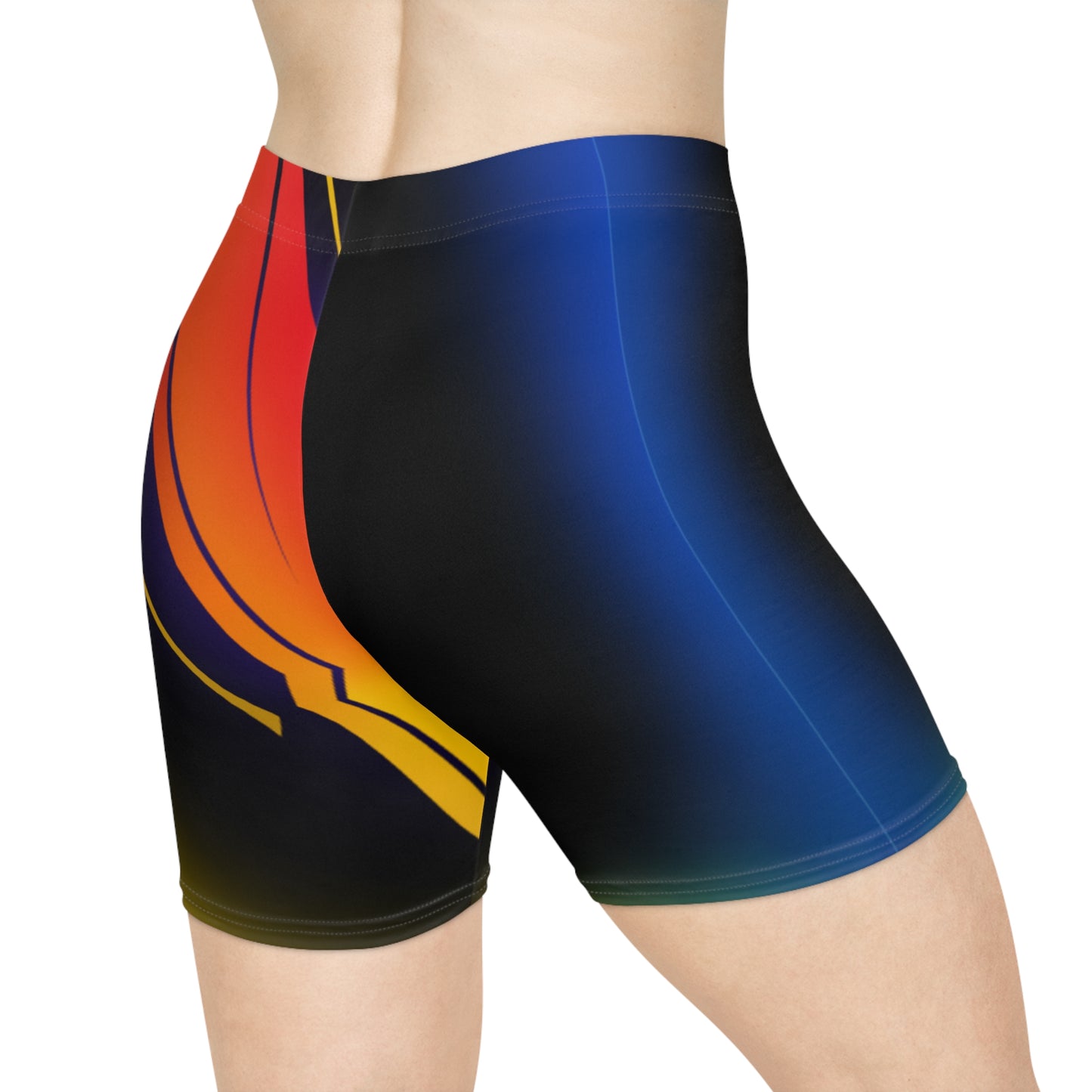 Electric Sunset Biker Shorts | Blue-to-Orange Gradient Geometric Activewear