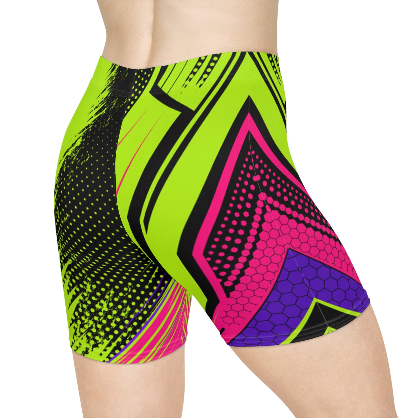 Women Circuit Biker Shorts | Neon Green & Black Honeycomb Activewear