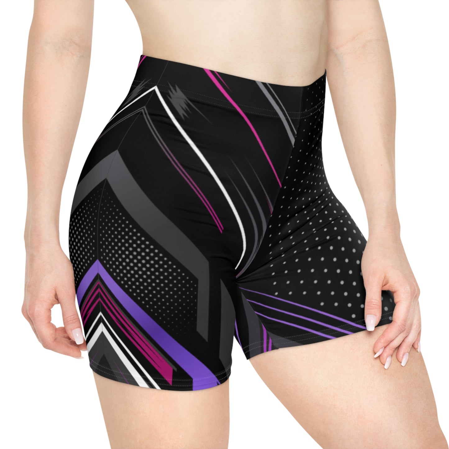 Women Shadow Prism Biker Shorts | Black, Purple & Pink Geometric Activewear