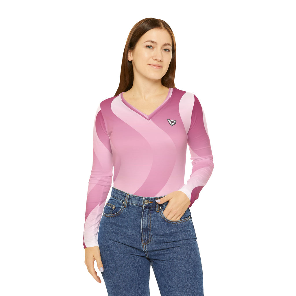 Rose Synthwave Women's Long Sleeve V-Neck Athletic Top