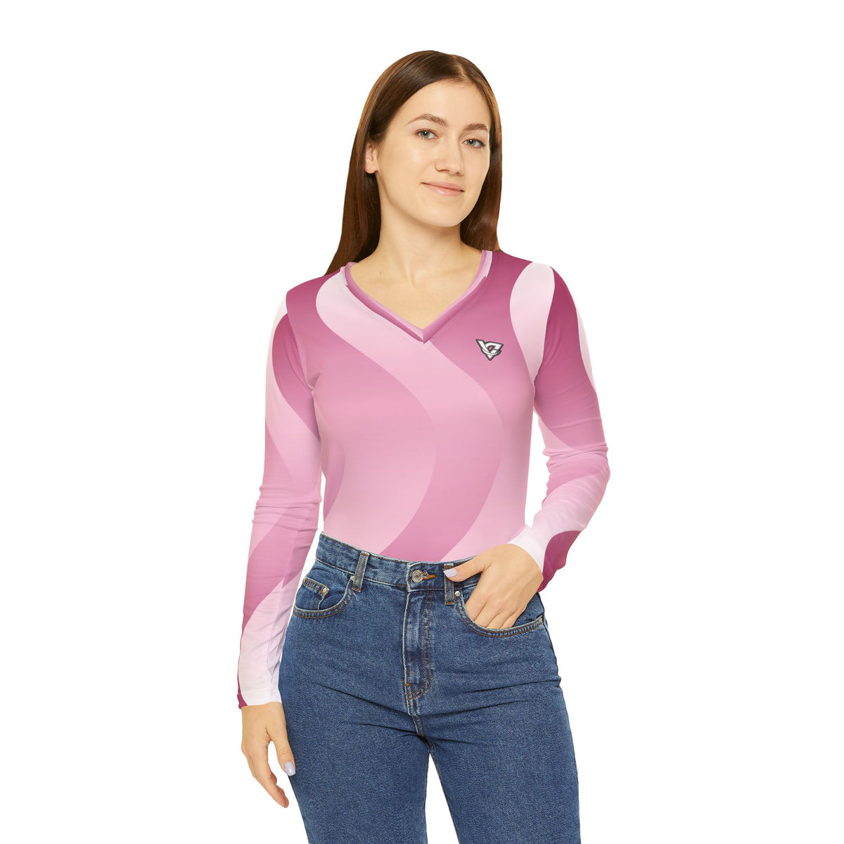 Rose Synthwave Women's Long Sleeve V-Neck Athletic Top
