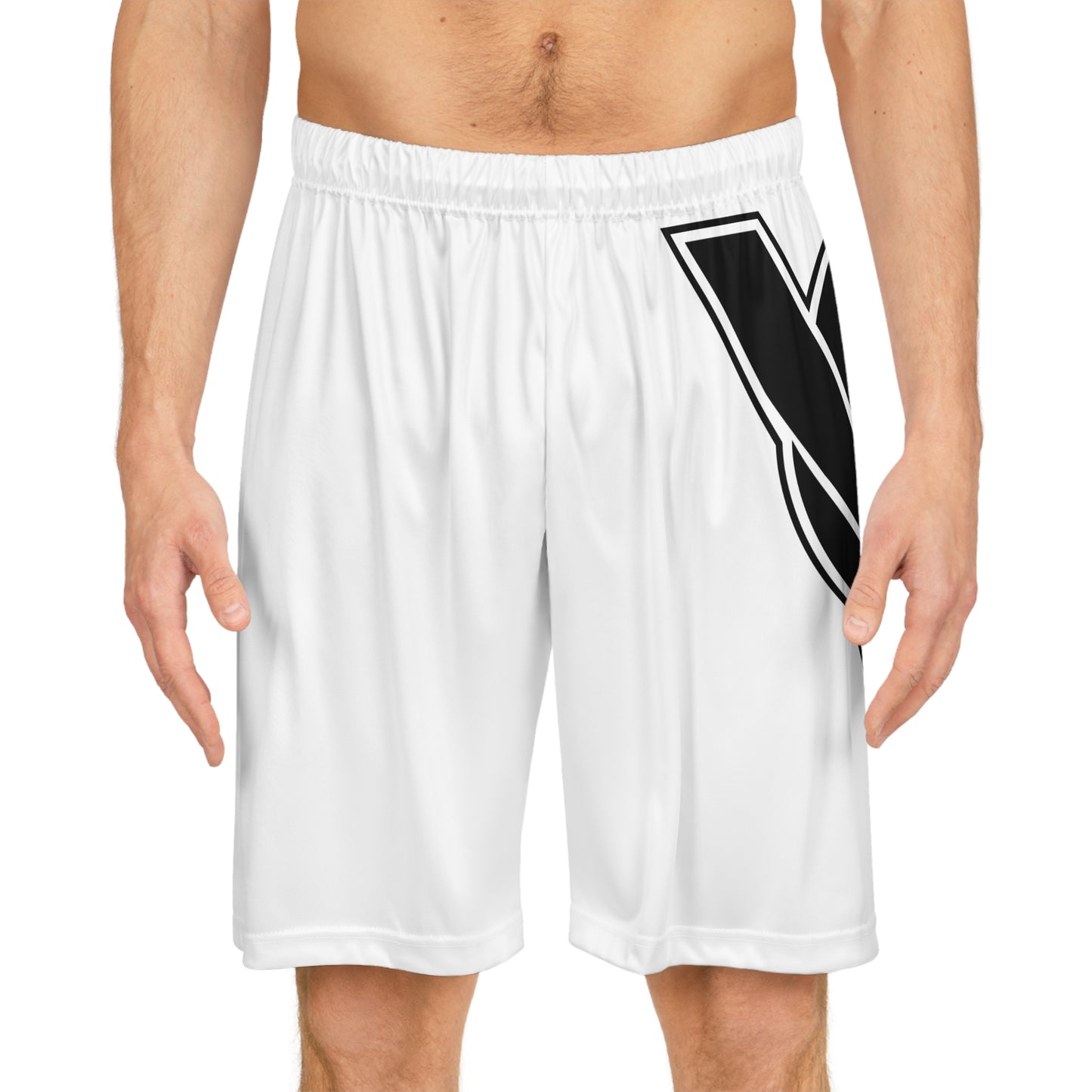 White Basketball Shorts with Bold Black Side Logo — Athletic Teamwear