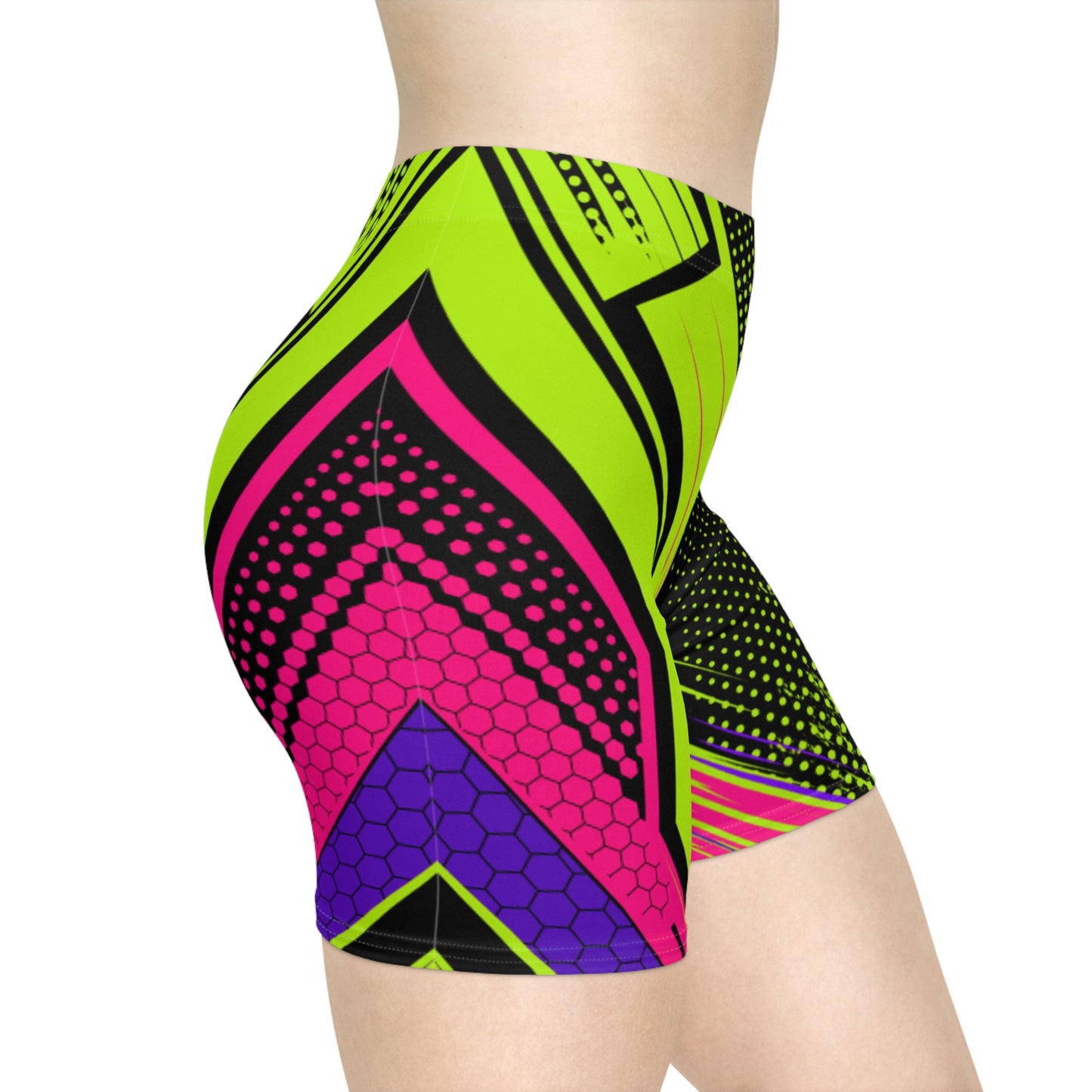 Women Circuit Biker Shorts | Neon Green & Black Honeycomb Activewear