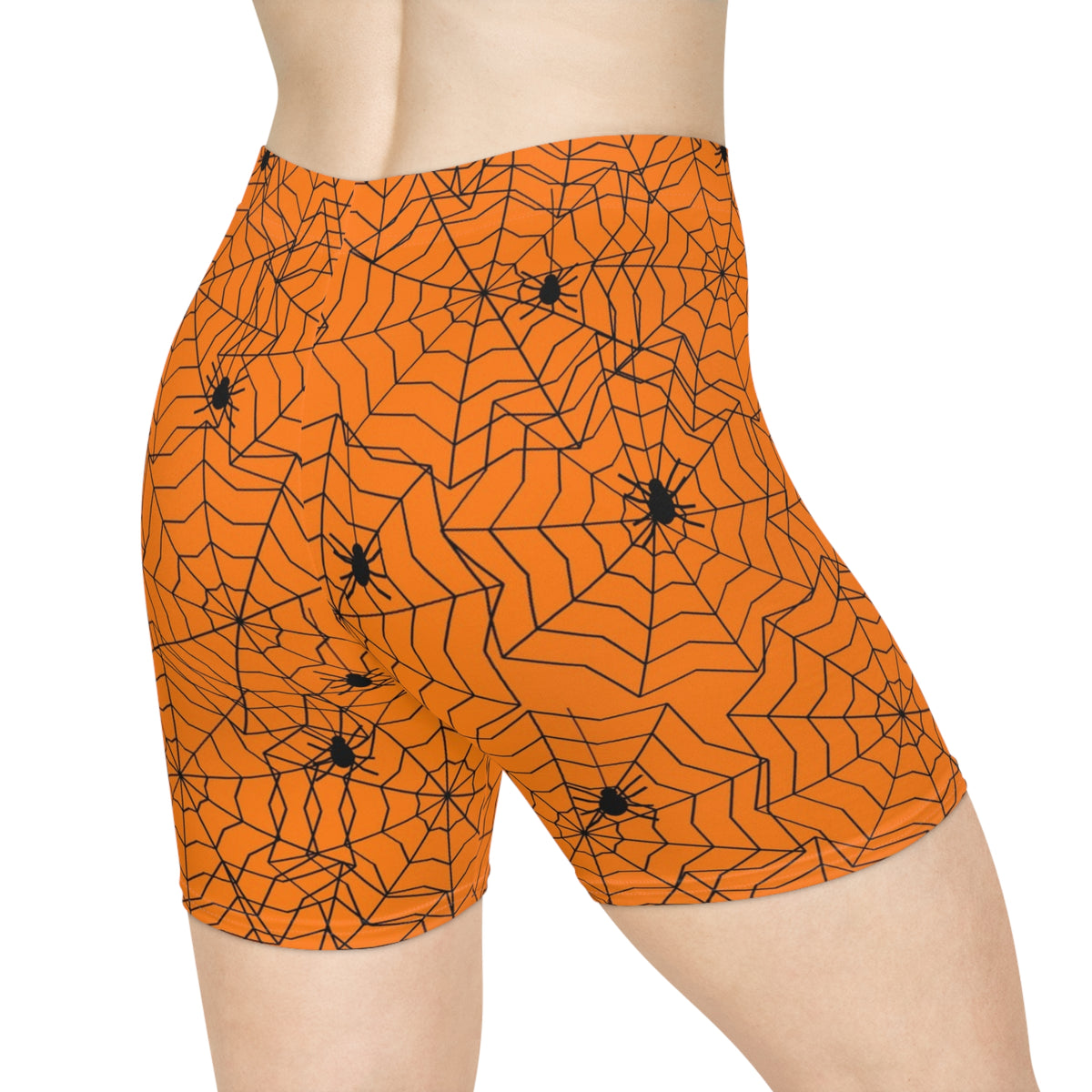 Halloween Pumpkin Orange Spiderweb Women's Biker Shorts — High-Waist Workout Shorts