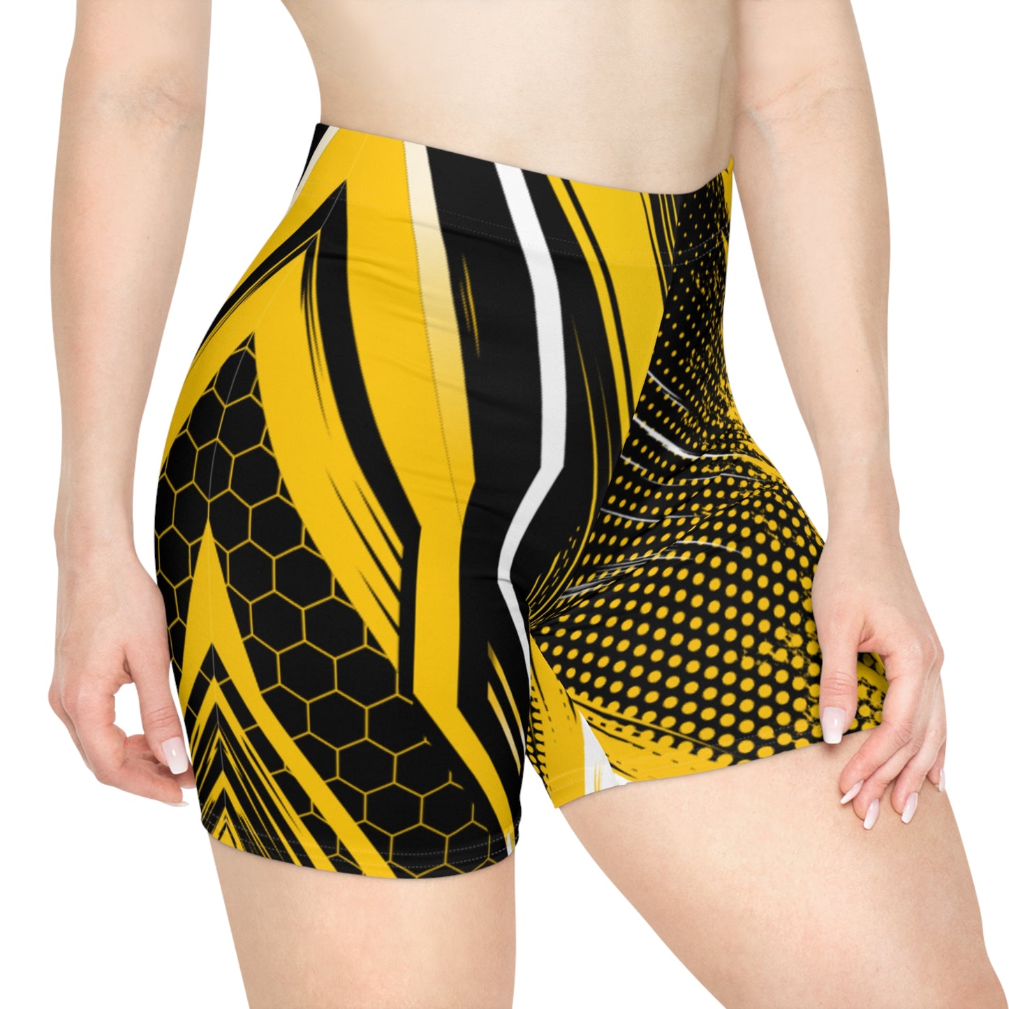 Honeycomb Strike Biker Shorts - Yellow & Black Geometric Activewear