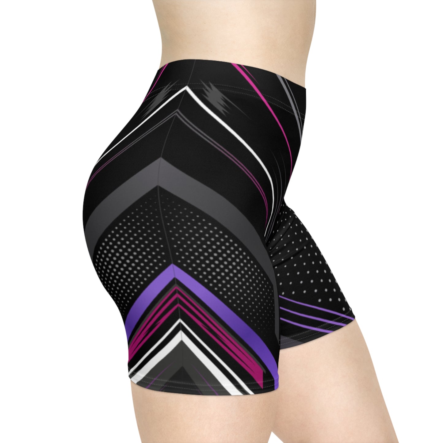 Women Shadow Prism Biker Shorts | Black, Purple & Pink Geometric Activewear