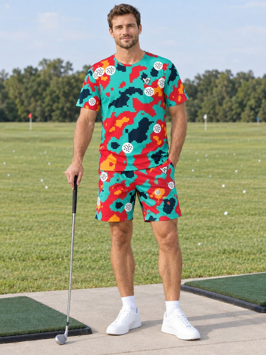 Golf Aqua Volt Pixel Camo Men's Athletic Shorts with Pockets - front view