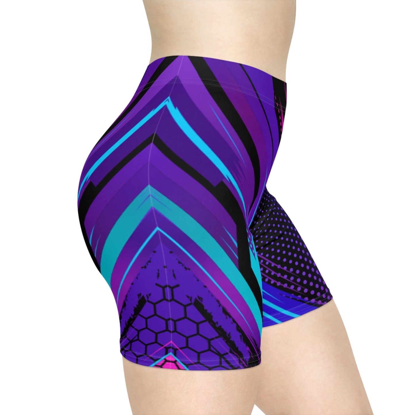Cyber Circuit Biker Shorts - Purple & Teal Tech Geometric Activewear