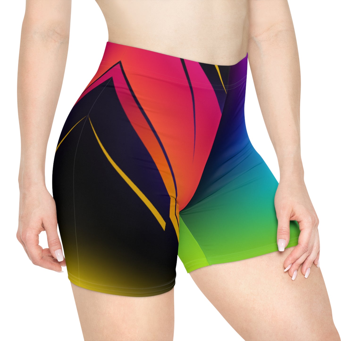 Women Tropic Prism Biker Shorts - Purple-to-Green Rainbow Gradient Activewear