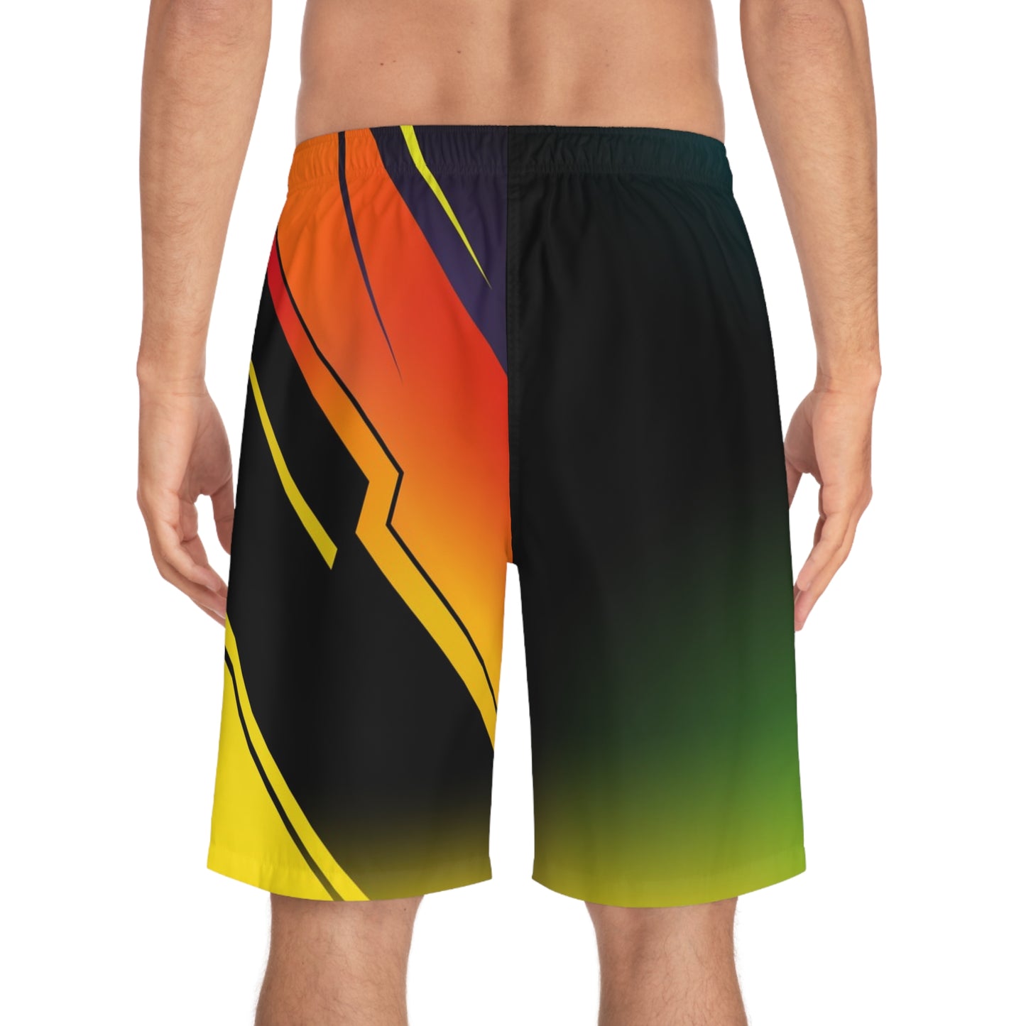 Men's Board Shorts – Bold Gradient Surf Trunks with Orange & Yellow Chevron Accent