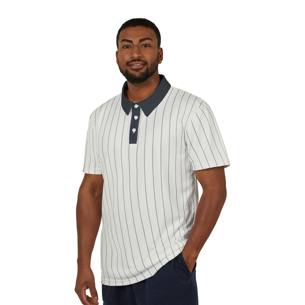 Classic Striped Polo Shirt – Navy Collar, Vertical Pinstripe Casual Golf Tee