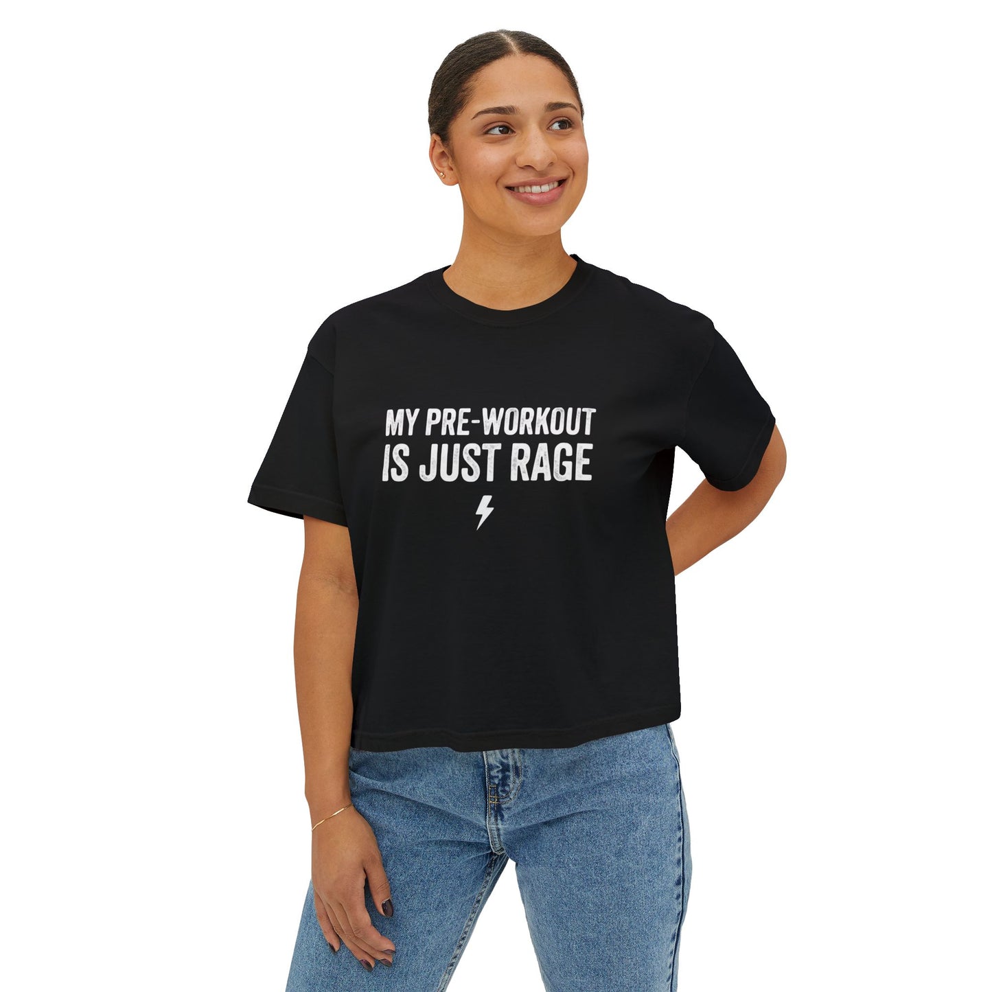 Women’s Boxy Tee — “My Pre-Workout Is Just Rage” Gym Crop Top