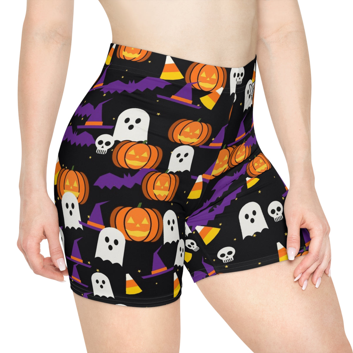 Halloween Midnight Pumpkin Spooky Mix Women's Biker Shorts — High-Waist Workout Shorts