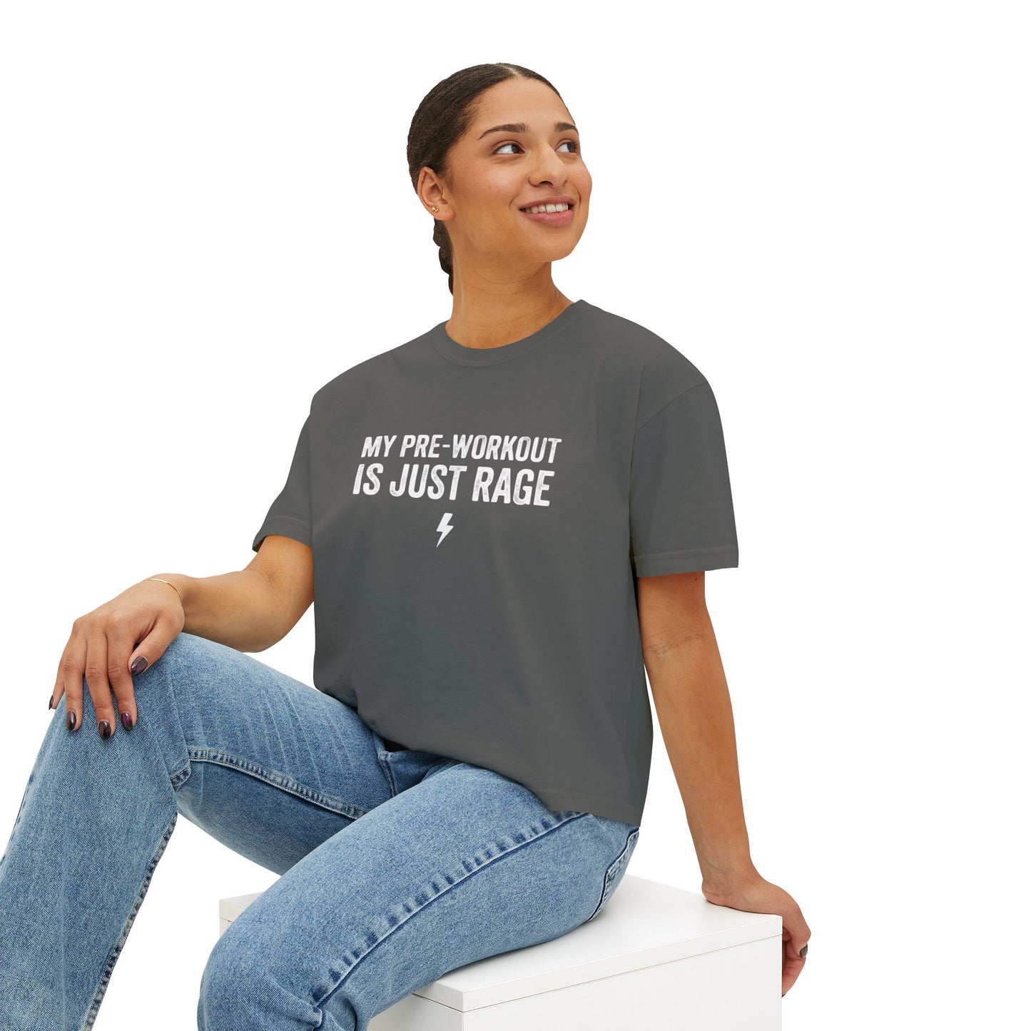 Women’s Boxy Tee — “My Pre-Workout Is Just Rage” Gym Crop Top