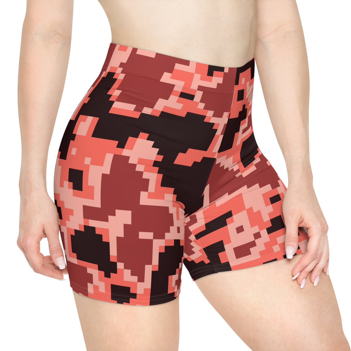 Coral Digital Camo Women's Biker Shorts — High-Waist Workout Shorts