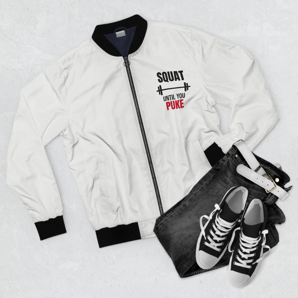 Men's Squat Until You Puke Bomber Jacket – White Motivational Gym Jacket