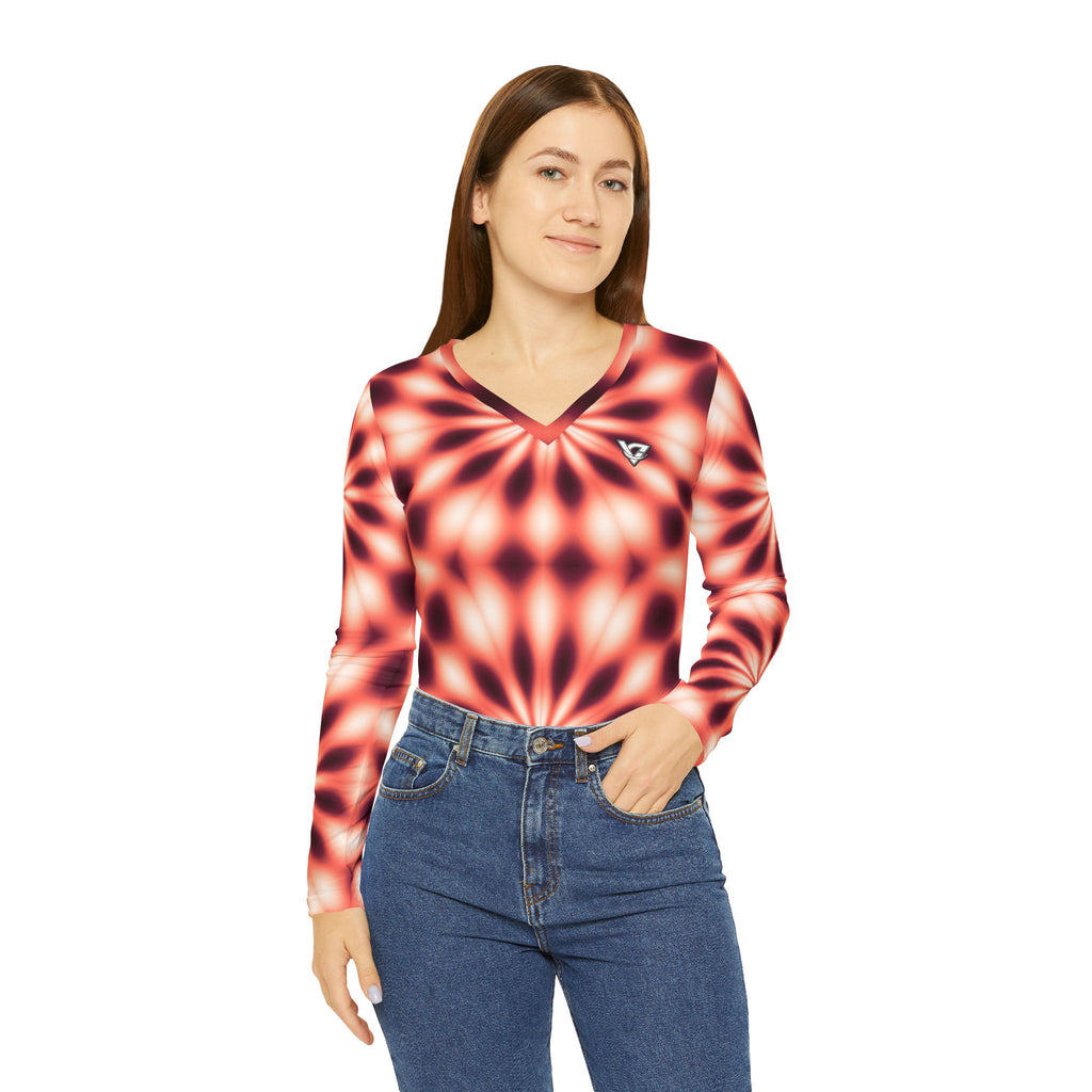 Coral Kaleidoscope Women's Long Sleeve V-Neck Athletic Top